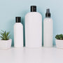 White cosmetic bottles for skincare routines arranged with green succulents on a white surface